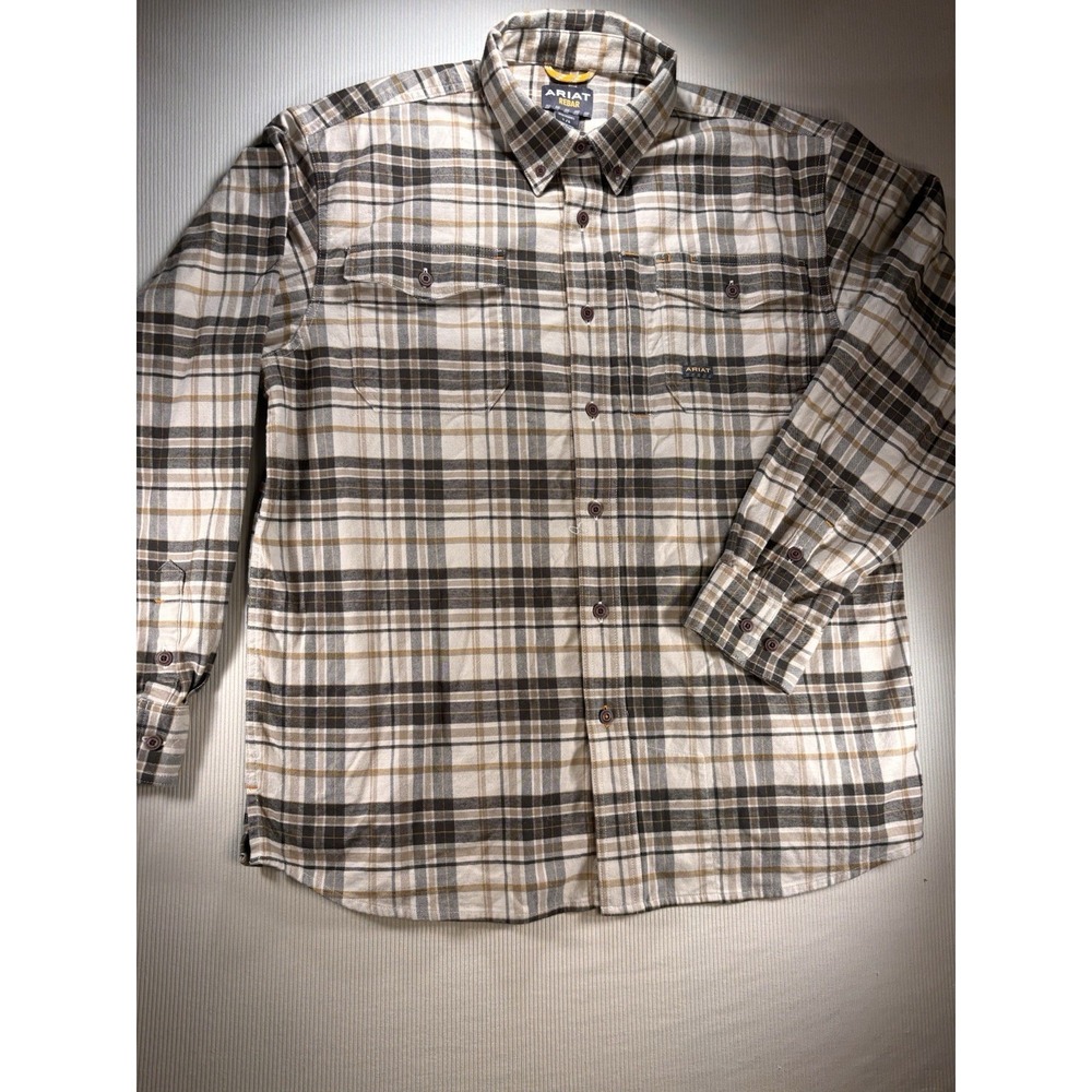 Ariat Men's Large Rebar Durastretch Flannel Brown Tan Plad Shirt NWOT Work